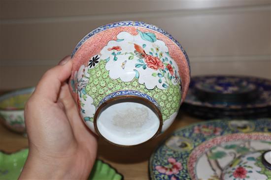 A Chinese Canton enamel brushwasher, two bowls and cover, four plates and three stands, 19th/20th century